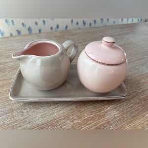 Pottery Barn Morning Story Pink and Tan Ceramic Creamer and Sugar Set
